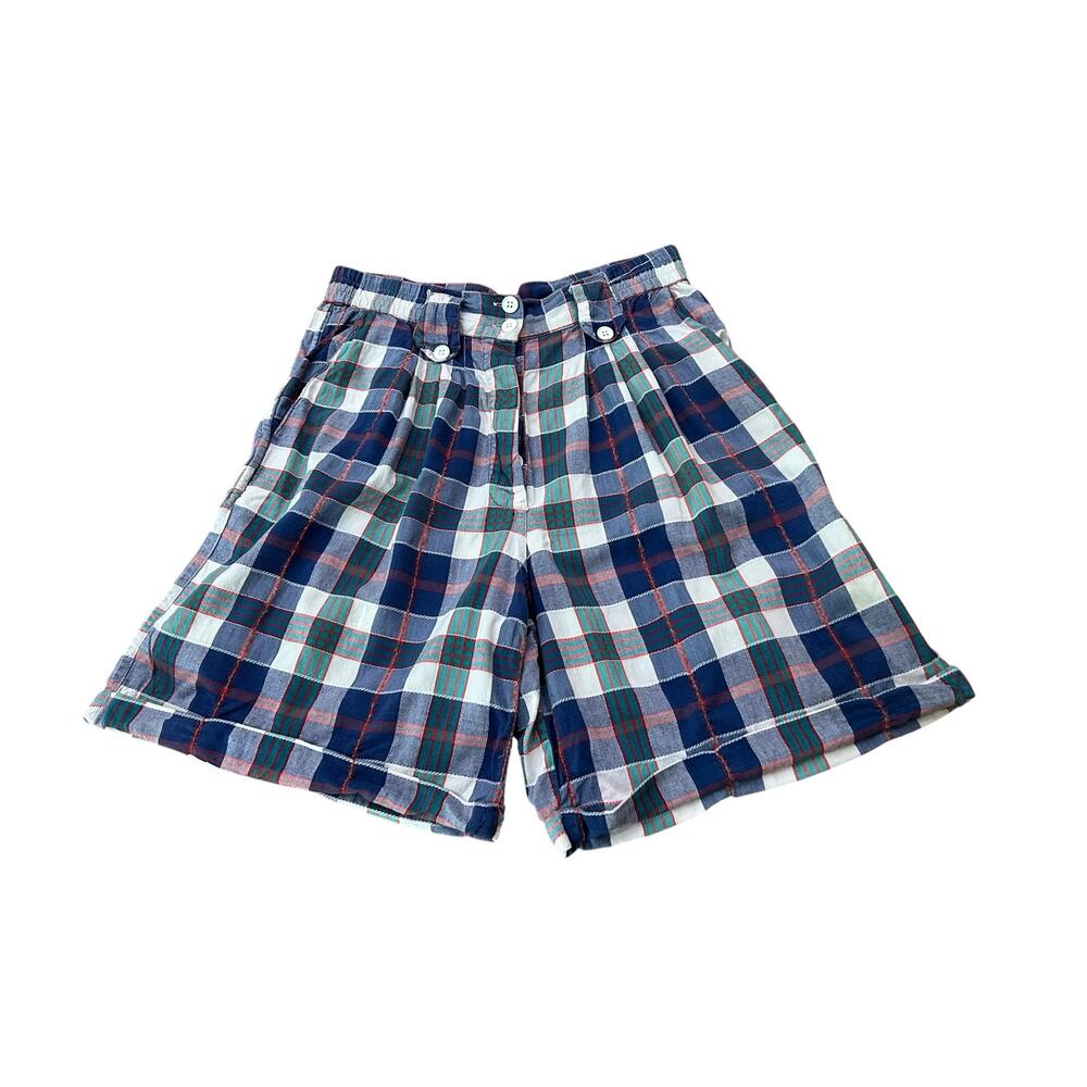 High Waist Plaid Shorts Vintage 80s Embroidered Pleated Cotton M/L Preppy -